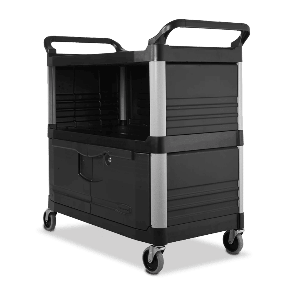 Rubbermaid Utility Cart with Lockable Doors Lockable doors, sliding drawer;