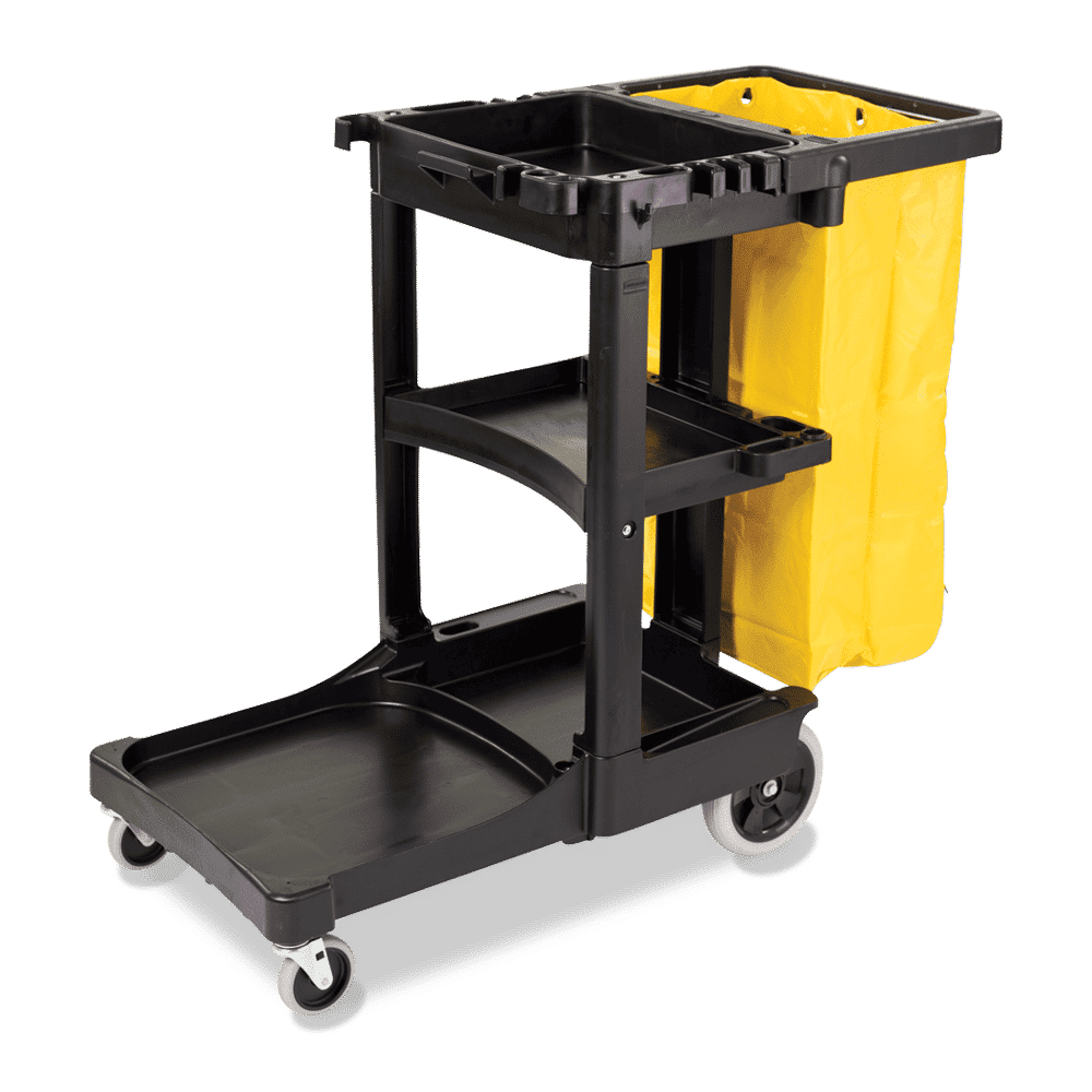 Janitor cart with zippered yellow vinyl bag