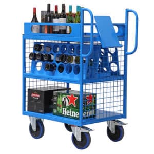 Order picking trolley developed by Sitecraft for a major liquor chain. Features large 200 mm diameter castors for easy maneuverability.