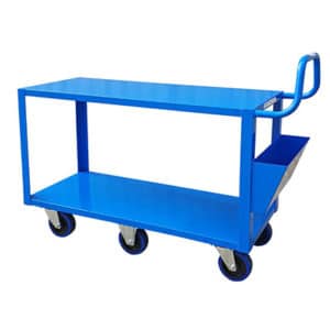 Large heavy duty 2 tier warehouse order picking trolley. Features six wheels for maximum maneuverability