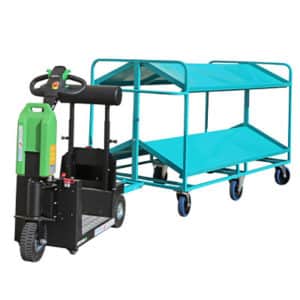 Custom towable order picking trolley for use with plastic bins or boxes. Shown with a Sitecraft Movexx tug