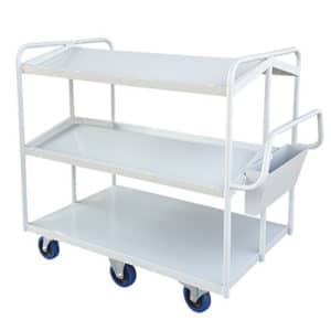 Warehouse trolley with sloping shelves to accommodate plastic handling crates or boxes.