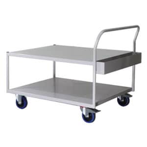Multi-deck trolley with top deck positioned to help workers avoid bending during picking operation