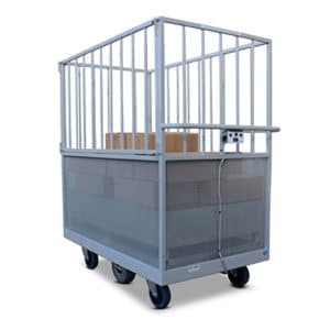 Powered stock trolley for hospital supply departments. Features an internal rising base for operator safety