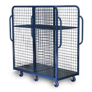 Warehouse trolley with mesh sides and adjustable height shelves. Six castors for added maneuverability.