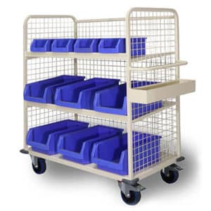 Order picking trolley for picking a variety of smaller components. Features removeable plastic containers