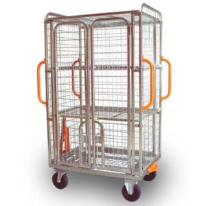 Modular security trolley with lockable doors. Features tow hitches for towing with electric tugger.