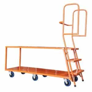 Large order picker with ladder. Ladder depresses when stoon on for added stability.