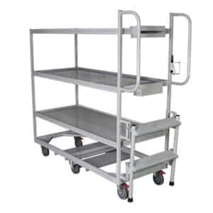 Order picking cart with fold down stepladder. Features ergonomic push handles and 6 casters for easy maneuverability