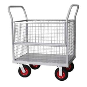 Caged stock trolley with drop down sides and pneumatic castors for easy maneuverability